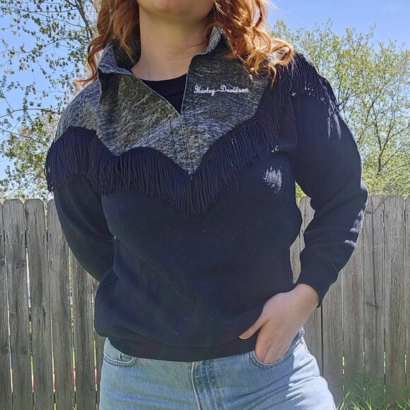 VNT 80's Harley Davidson Fringe Collared Goth Cowgirl Y'allternative Sweatshirt - Picture 1 of 10
